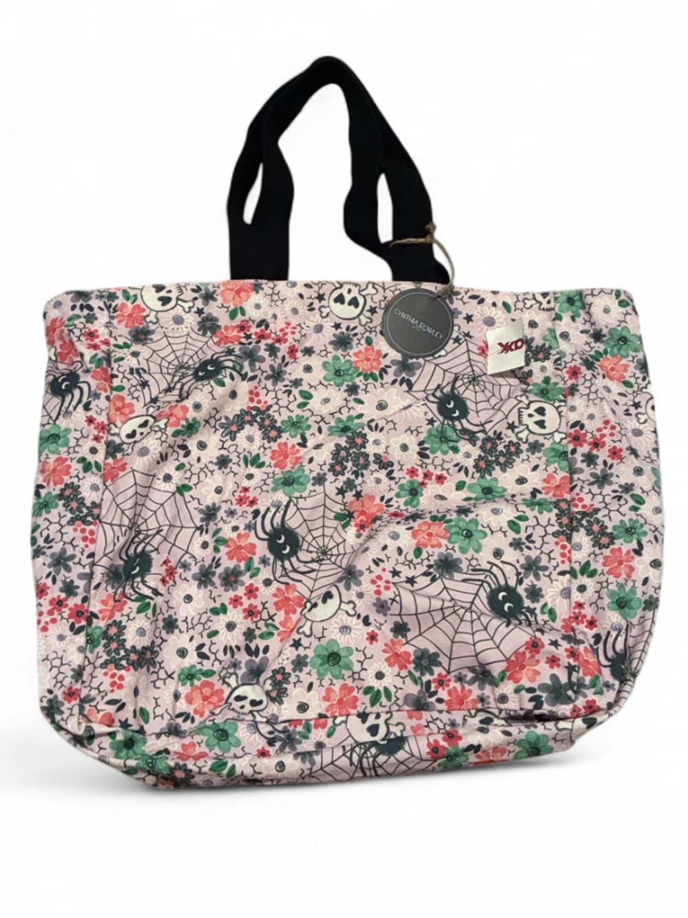 NWT Cynthia Rowley Floral Skull & Spiderweb Canvas Tote Bag - Pink
